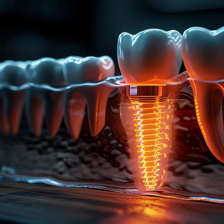 Glowing dental implant showcased alongside natural teeth in a detailed 3D rendering, illustrating modern dental technology.